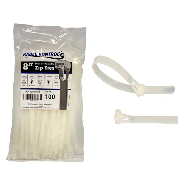 Kable Kontrol Cable Tie, 8 in L, 1-3/4 in Max Bundle Dia., Natural, Nylon 6/6, 50 lb Strength, 100 PK CTR800NT - main